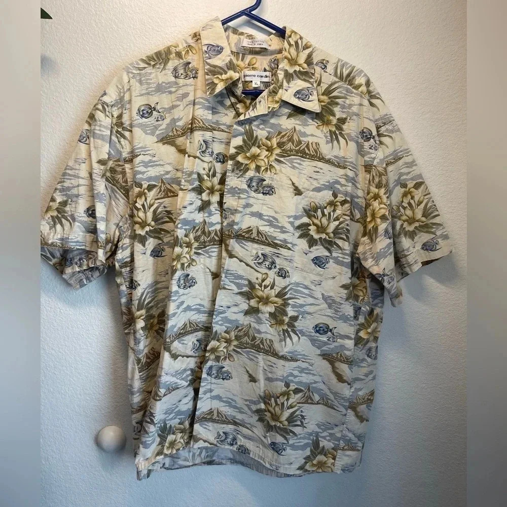 Pierre Cardin Mens short sleeve Hawaiian print button down shirt fish size xl
